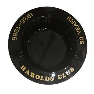 Vintage Black Glass w/Gold Type Ashtray Souvenir for Harolds Club 50 years